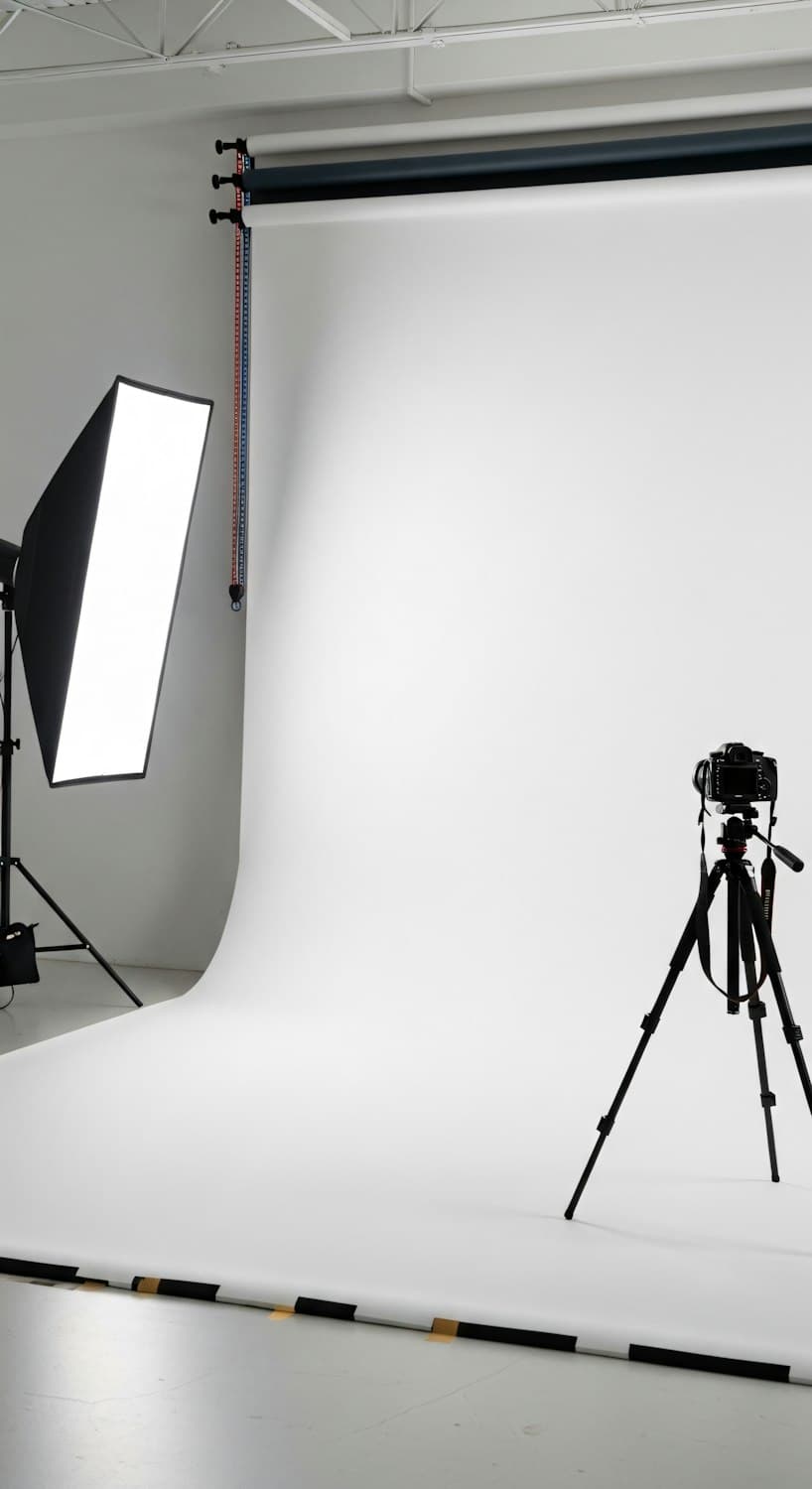 Placeholder image of a photo studio with a softbox light and a camera on a tripod